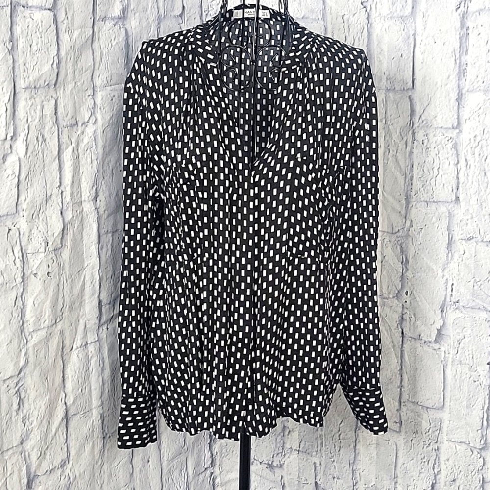 MANGO Black and White Abstract Button Up Long Sleeve Blouse Size 8